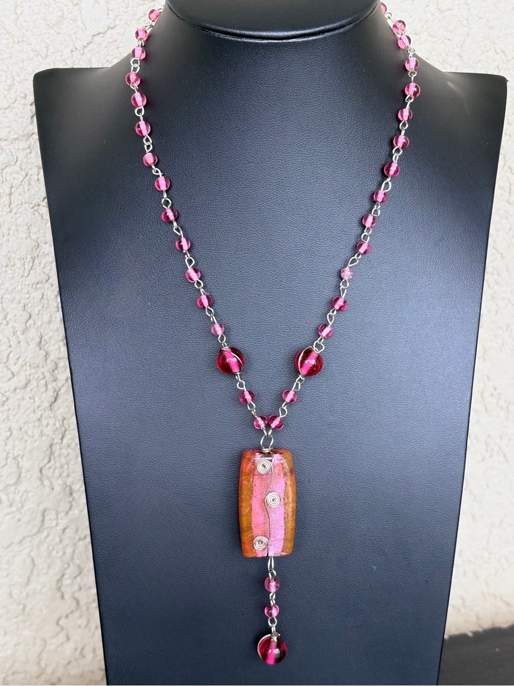 Hand Crafted Pink Glass Bead Pendant Necklace